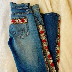 Stunning Cache Beaded Pearl Red Stone Jeans S10 ❤️